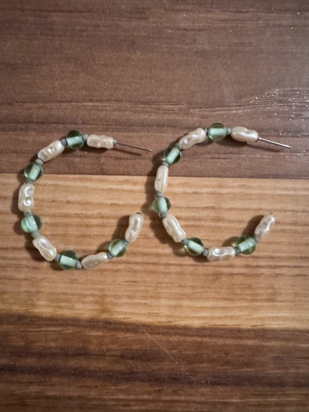 Vintage Green and Cream Beaded Hoop Earrings